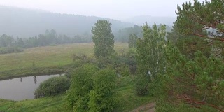 空中视频。夏季森林里有一条小山河