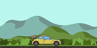 动画双门轿车与行李后引擎盖骑通过绿色山谷。移动的掀背式乡村景观背景。平面动画。