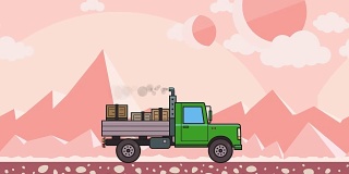 装有箱子的绿色动画卡车穿过外星沙漠。移动重型汽车在粉红色的山区沙漠背景。平面动画。