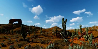 沙漠中的撒瓜罗仙人掌对着延时云，摄像机平移，4K