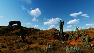 沙漠中的撒瓜罗仙人掌对着延时云，摄像机平移，4K视频素材模板下载