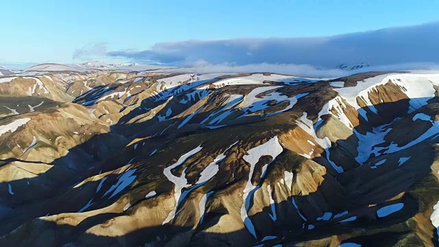 山谷国家公园landmanalaugar的4k航拍。平缓的山坡上是雪原和冰川。壮丽的冰岛在夏天