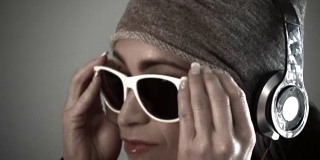 年轻漂亮的拉丁女人听嘻哈音乐彻底耳机而戴着太阳镜