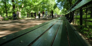 缓慢的多莉建立拍摄的绿色长凳在中央公园