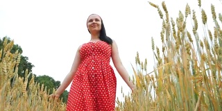 美丽的女孩，穿着红色复古裙，走在金色的麦田里，抚摸着成熟的草甸。自由的概念。快乐女人户外。收获、农业的概念