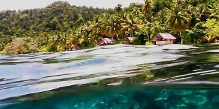 拆分视图上面和下面的水面。有椰子树和住所的热带海岸。迷人的珊瑚礁在Gam岛泻湖，拉贾安帕