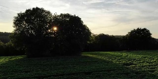 惊人的日落在全国各地的农田和农田-无人机飞行