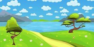 动画童话湖景观与云彩在天空。卡通景观背景。无缝循环平面动画。