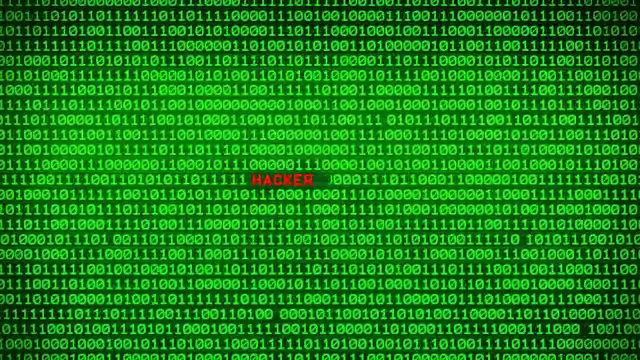 随机二进制数据矩阵背景下的绿色二进制代码墙上的黑客警告词