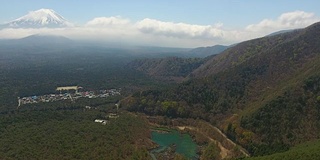 富士山鸟瞰图从Shoji湖与蓝天，富士山，日本