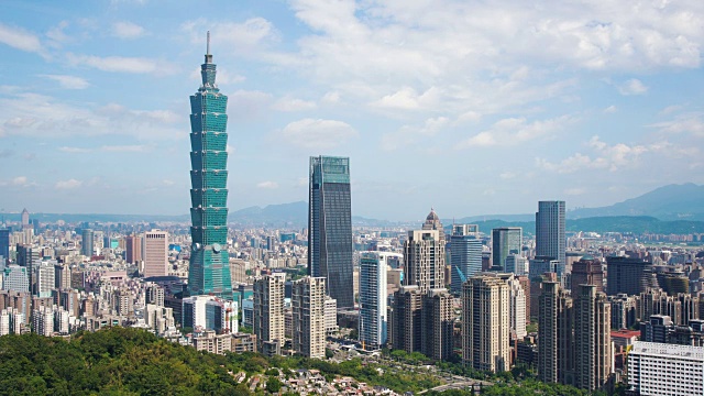 现代都市的摩天大楼，在蓝天下俯瞰台湾台北
