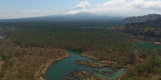 富士山从正二湖与蓝天，日本富士。航拍视频