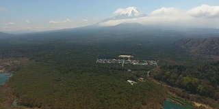 富士山从正二湖与蓝天，日本富士。航拍视频
