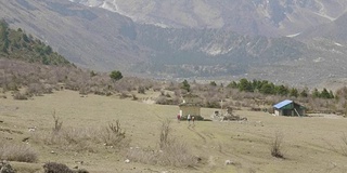 导游带领的游客正在尼泊尔马纳斯鲁地区的喜马拉雅山徒步旅行。