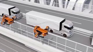 自动电动卡车和垂直起降无人机在高速公路上列队行驶视频素材模板下载