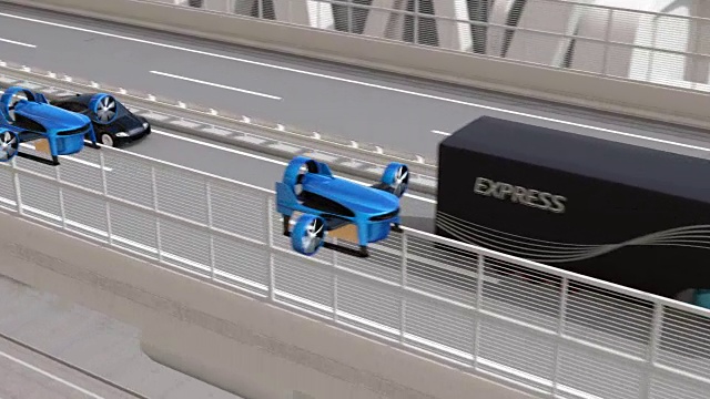 自动电动卡车和垂直起降无人机在高速公路上列队行驶
