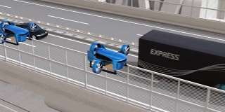 自动电动卡车和垂直起降无人机在高速公路上列队行驶