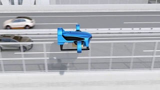 蓝色垂直起降无人机飞越高速公路递送包裹视频素材模板下载