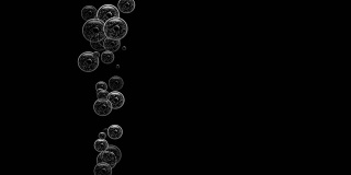 不同直径的黑白气泡从黑色背景上的一点垂直移动