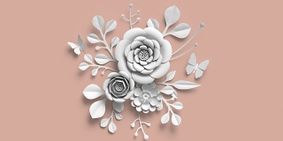 3d渲染，从纸花成长的花卉背景，盛开的植物图案，新娘圆花束，纸工艺，柔和的颜色，明亮的色调调色板，4k动画