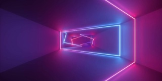 3d渲染，抽象的几何背景，荧光紫外线，发光的霓虹线在隧道内旋转，蓝色，红色，粉红色，紫色光谱，形状旋转，循环动画