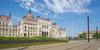 匈牙利布达佩斯的匈牙利议会大厦与有轨电车和游客，时间间隔为4K