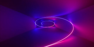 3d渲染，抽象背景，荧光紫外光，荧光霓虹螺旋线旋转隧道内，蓝红粉紫光谱，螺旋旋转，现代彩色照明