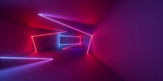 3d渲染，抽象的几何背景，荧光紫外线，发光的霓虹线在隧道内旋转，蓝红粉紫光谱，旋转，现代彩色照明
