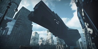 未来主义的货运飞船降落在科幻城市。三维渲染