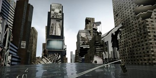 纽约曼哈顿时代广场，水圈下受损的道路。三维渲染