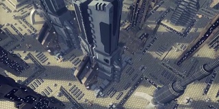 飞越一个充满未来感的科幻城市。三维渲染