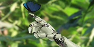 大闪蝶落在机器人的手上