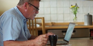 一个男人在家里用笔记本电脑工作，公平地搓手，对结果很满意，好消息。远程雇佣，老年人，自由职业者