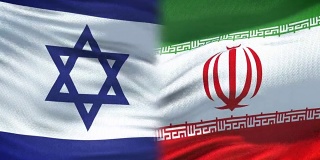 以色列和伊朗握手，国际友谊关系，旗帜背景
